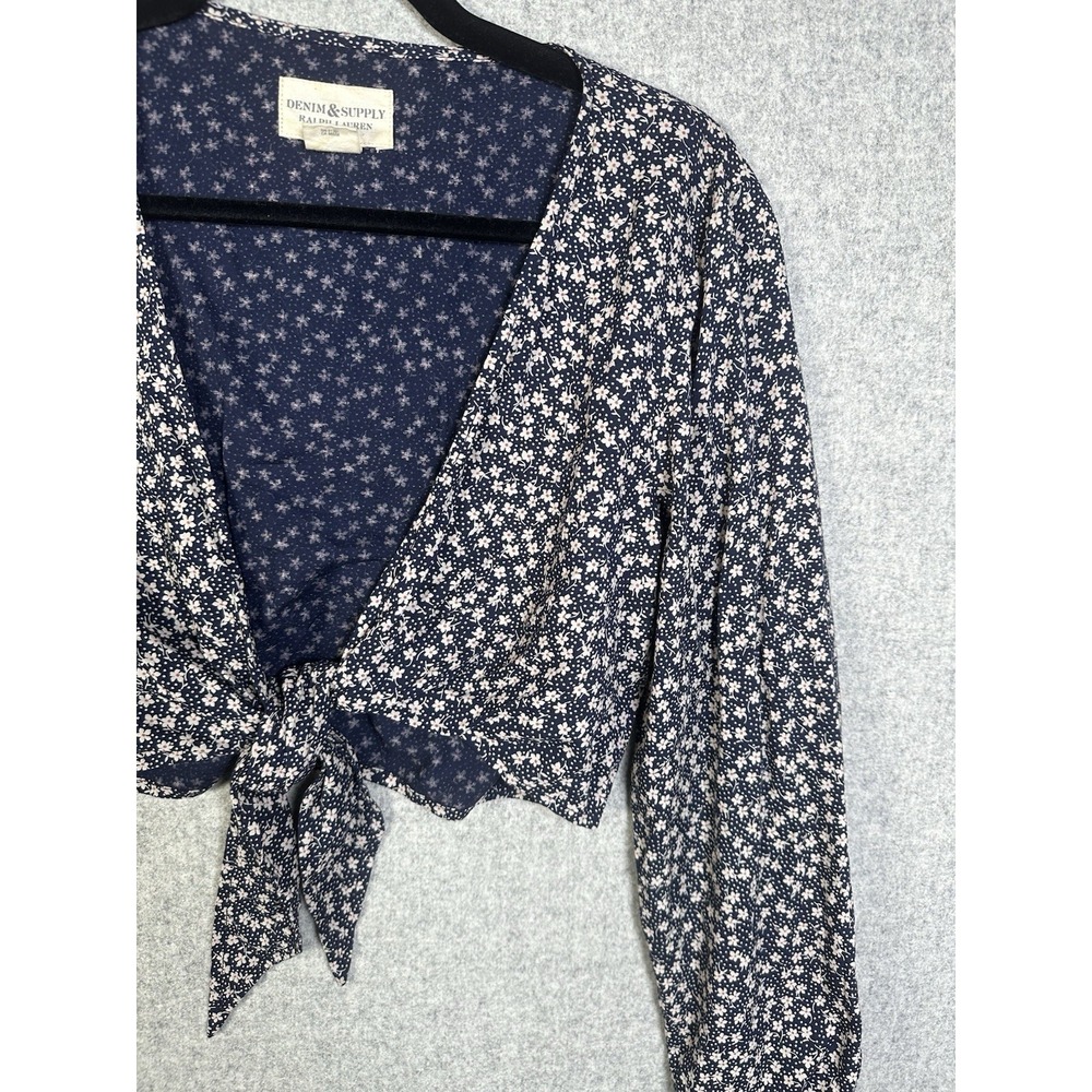 Denim & Supply Ralph Lauren Womens Top Large Blue Floral Cropped Blouse Tie - Picture 6 of 12